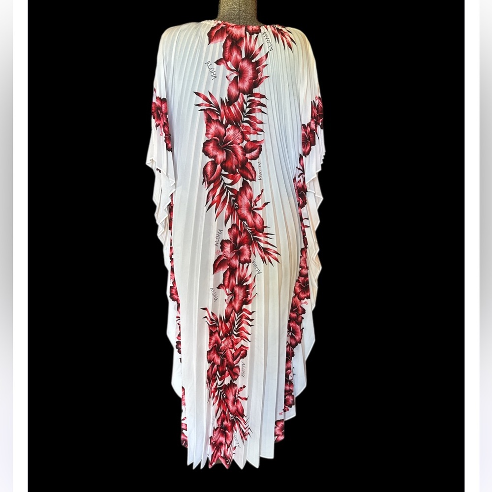 Vintage 70s Floral Hawaiian White and Red Kaftan Dress